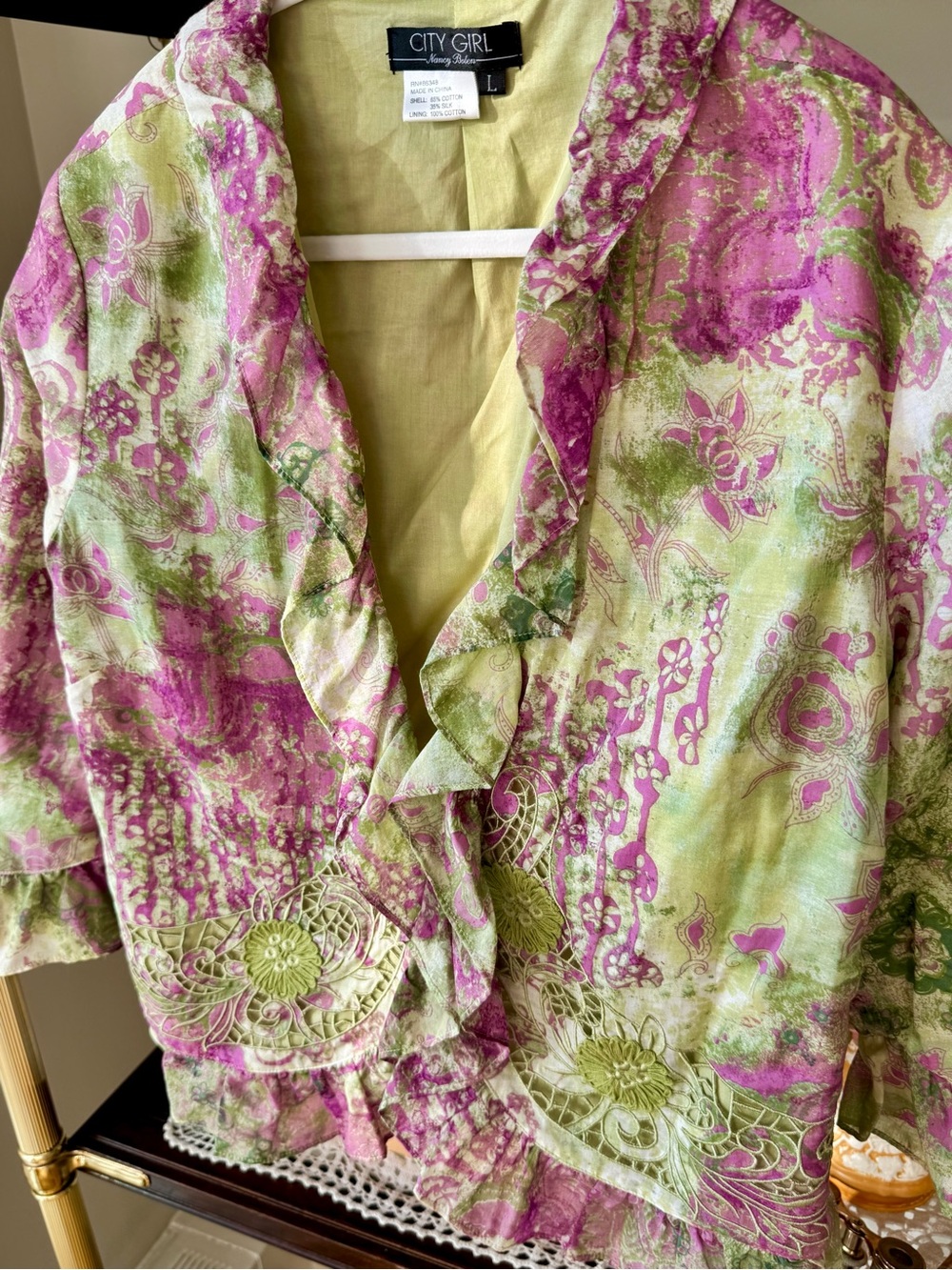 Vintage City Girl Nancy Bolen Pink Green Silk Blend Ruffle Blazer L - Picture 3 of 6